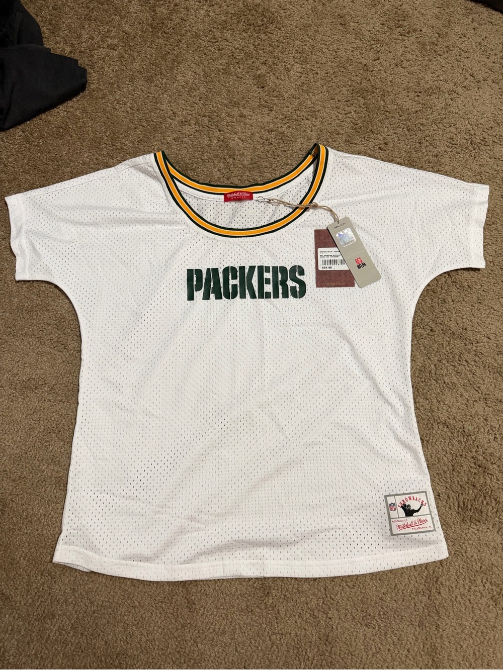 NFL Women's White Packers Mesh Tee with Green & Gold Trim